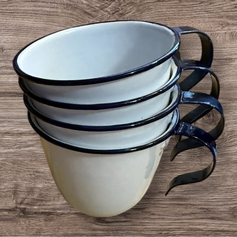 Vintage Set of 4 White Enamelware Coffee Cups with Blue Trim